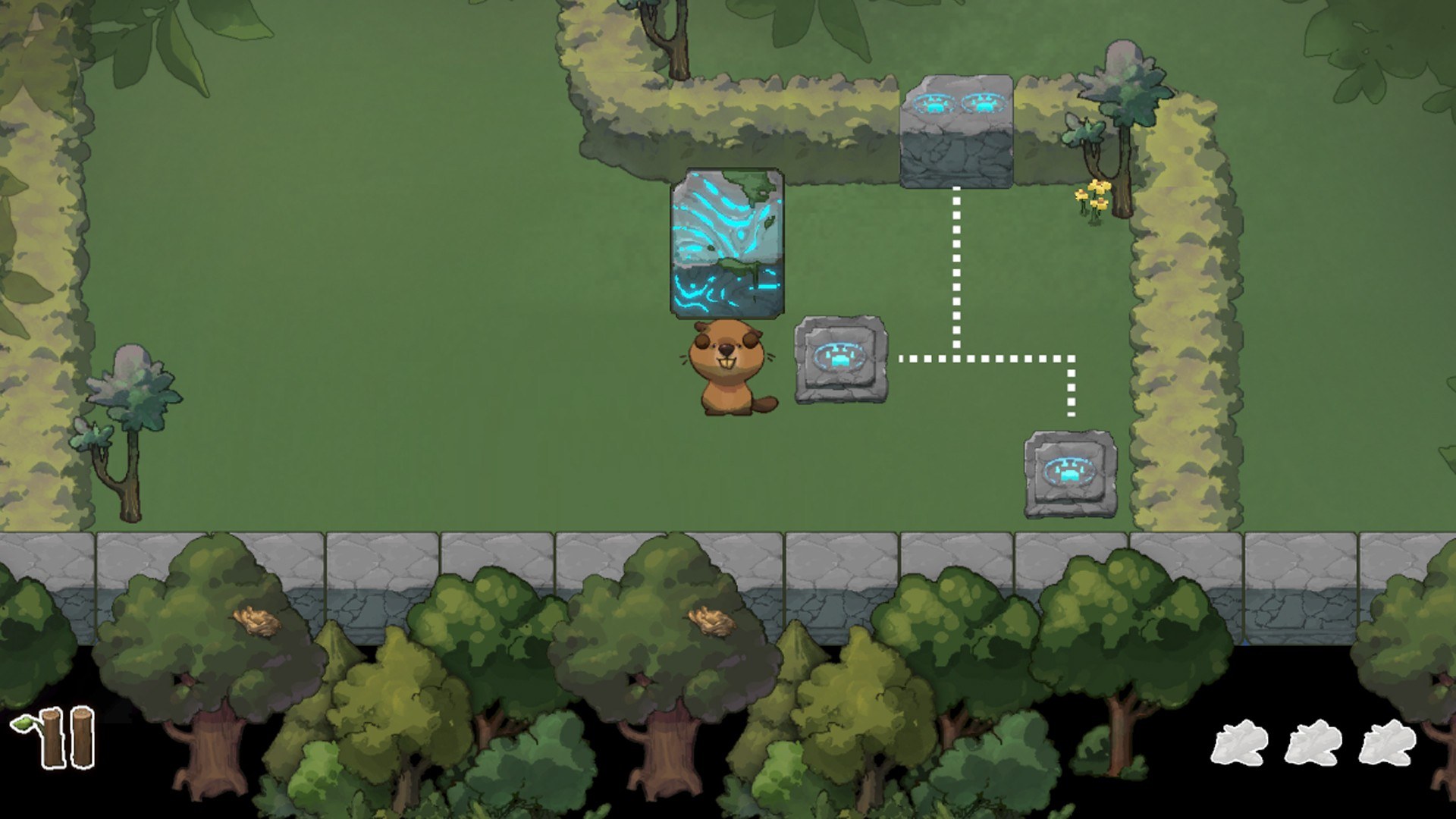 Beaver Quest gameplay: beaver moving cubes onto pressure plates