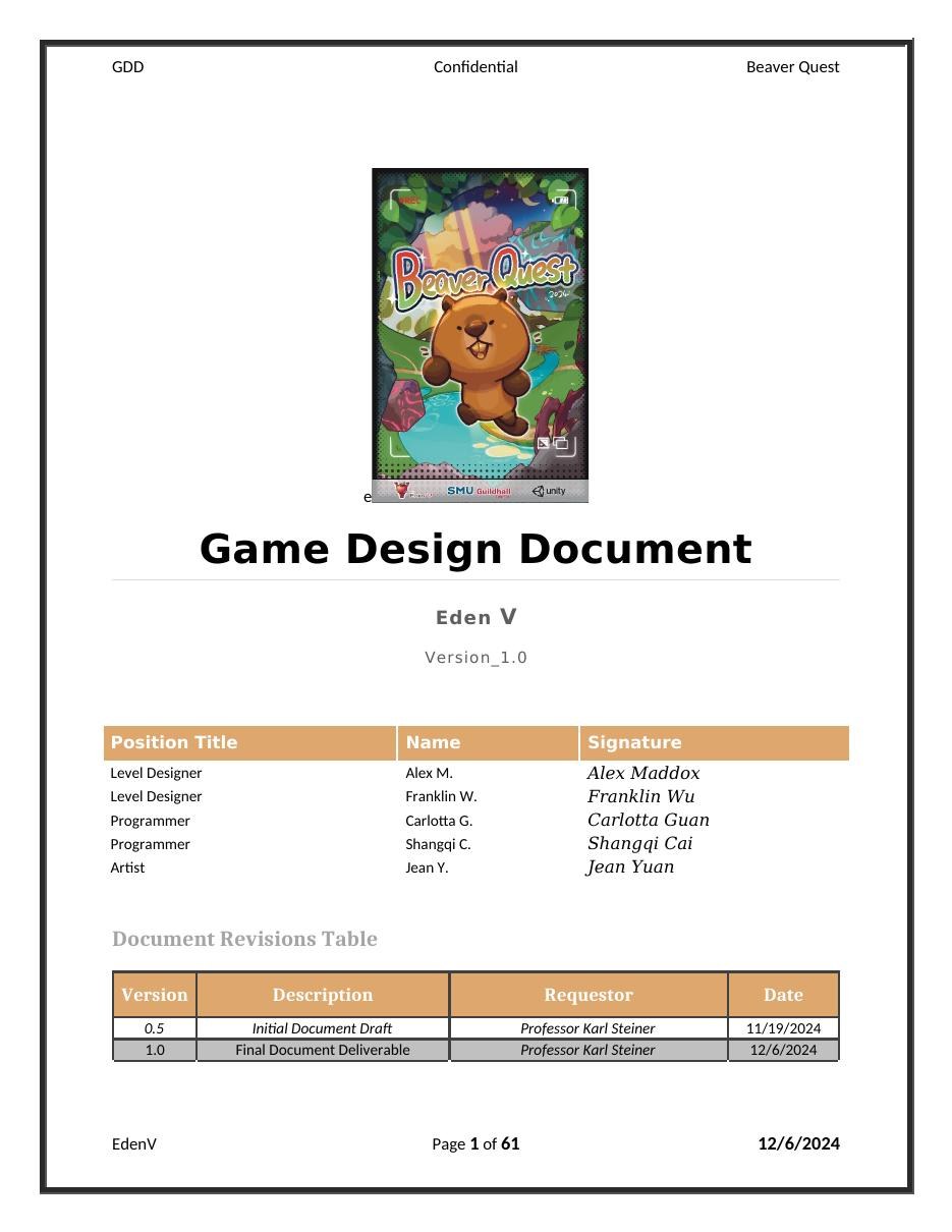 Beaver Quest Game Design Document cover page