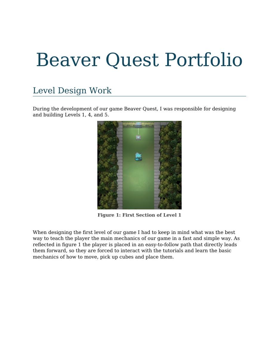 Beaver Quest TGP1 Portfolio cover page