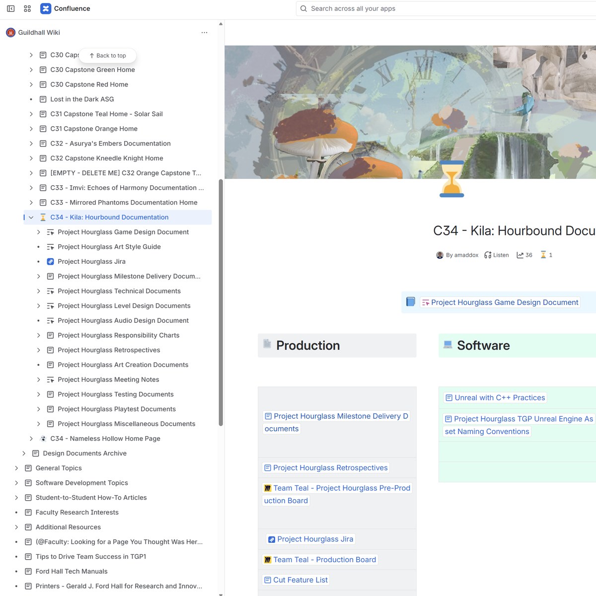 Kila Confluence documentation hub showing nav tree and four-quadrant home page